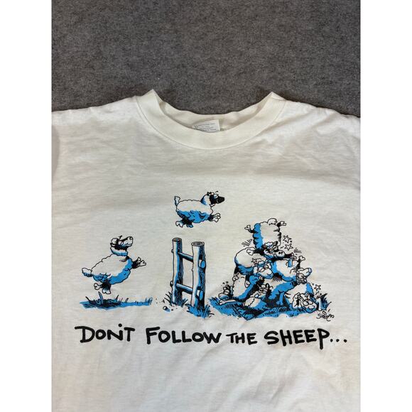 VINTAGE 90s Dont Follow The Sheep Shirt Mens XL White Graphic Jesus God Tee - Picture 7 of 9